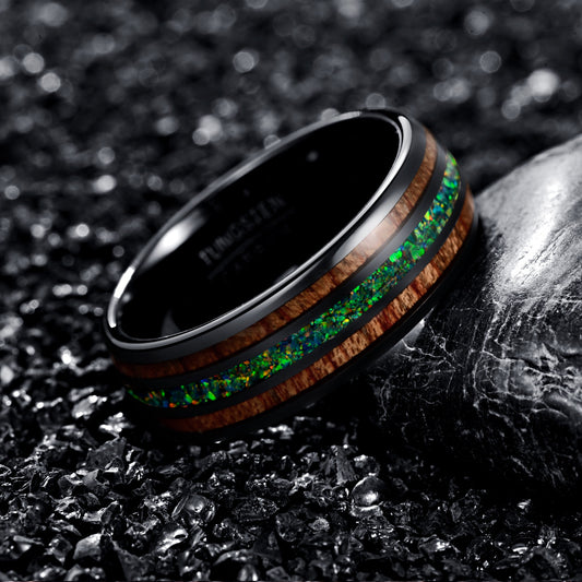 Black Tungsten Ring with Wood & Opal Inlay