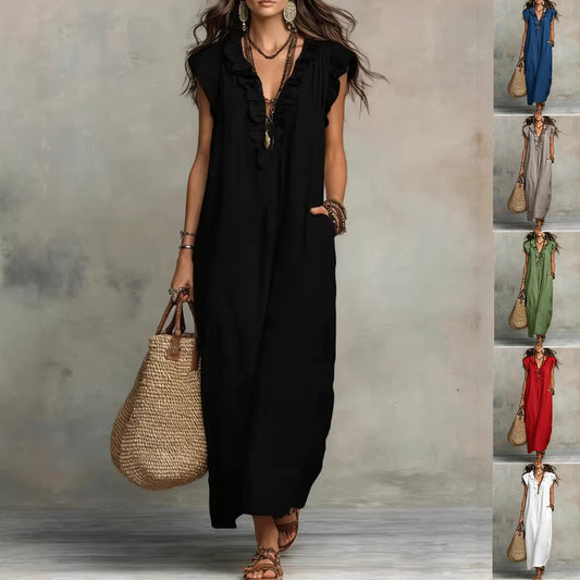 Summer Ruffle Dress With Pockets-Elegant. Casual