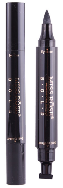 Dual-ended liquid eyeliner pen with a precision tip and wing stamp-style end for creating bold, defined cat-eye and winged liner looks