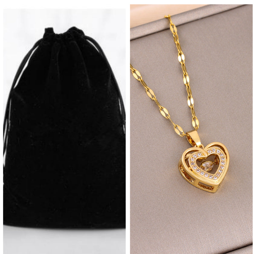 Double-layer Love Necklace With Rhinestones- Titanium Steel