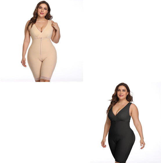 Full-body women’s shapewear bodysuit with front zipper closure, deep V-neckline, and mid-thigh smoothing coverage