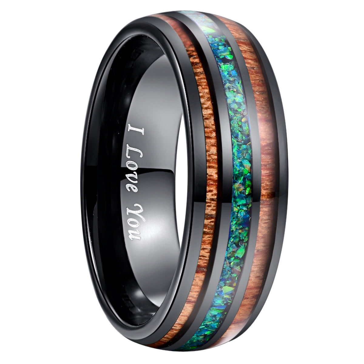 Black Tungsten Ring with Wood & Opal Inlay