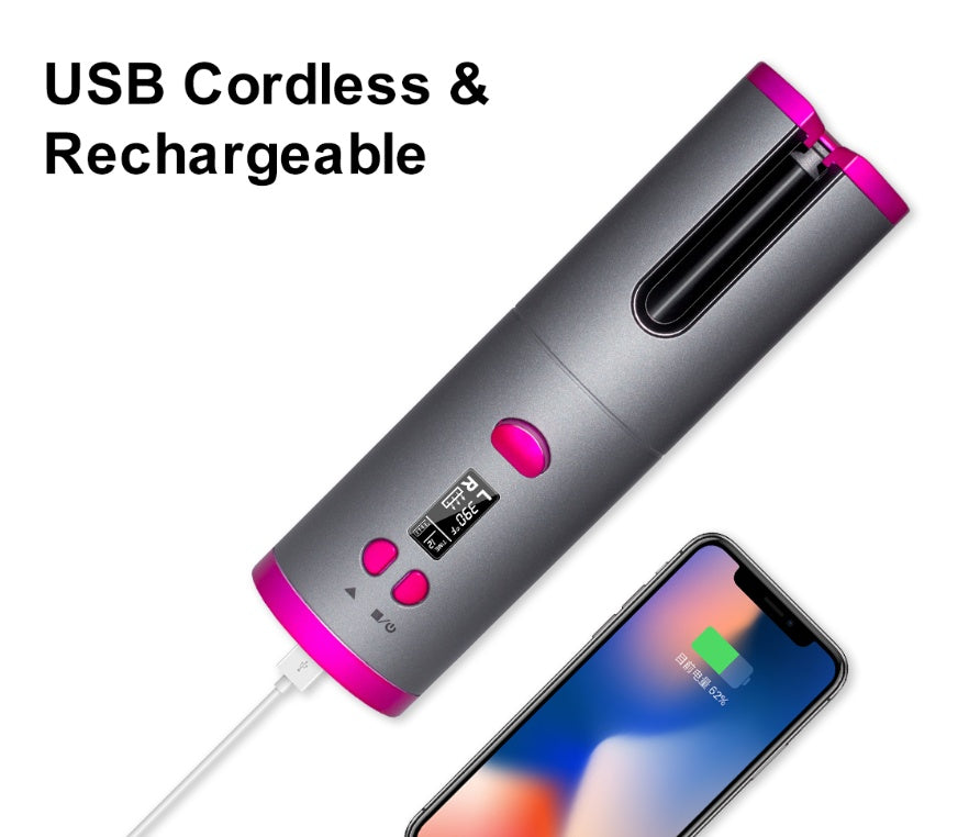 Cordless USB-rechargeable automatic curling iron with adjustable heat and timer settings for easy curls, waves, and touch-ups at home or on the go