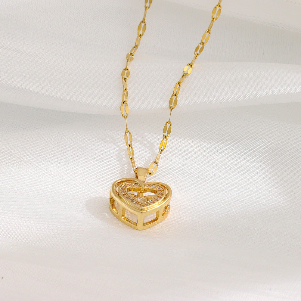 Double-layer Love Necklace With Rhinestones- Titanium Steel