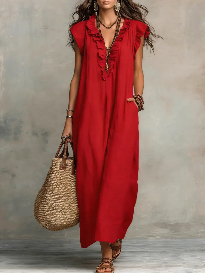 Summer Ruffle Dress With Pockets-Elegant. Casual