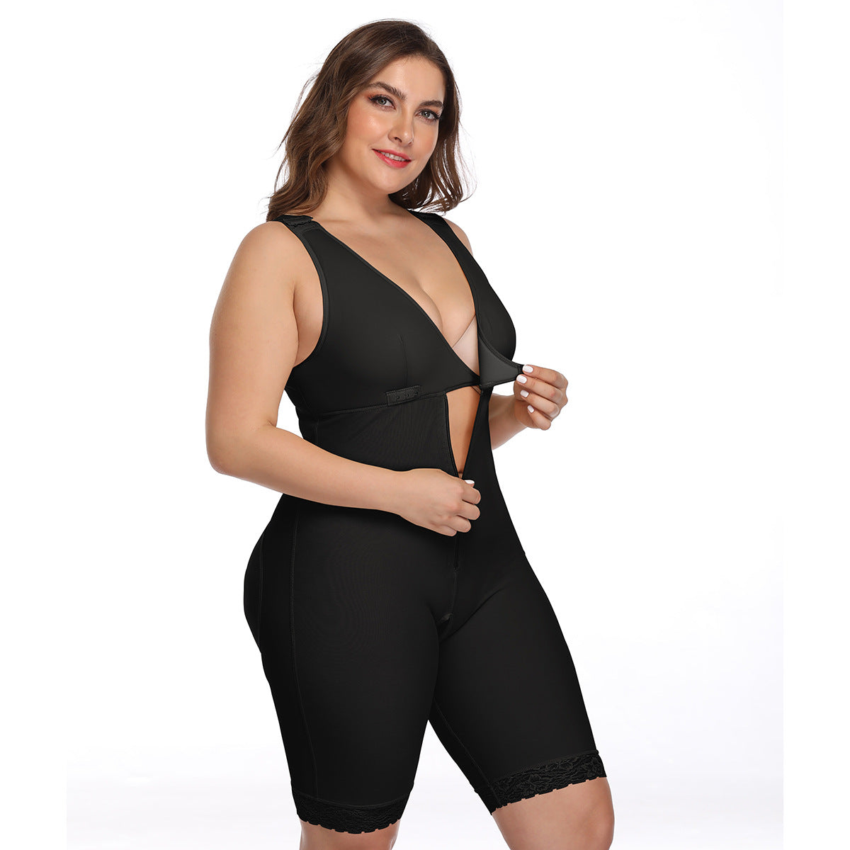 Full-body women’s shapewear bodysuit with front zipper closure, deep V-neckline, and mid-thigh smoothing coverage