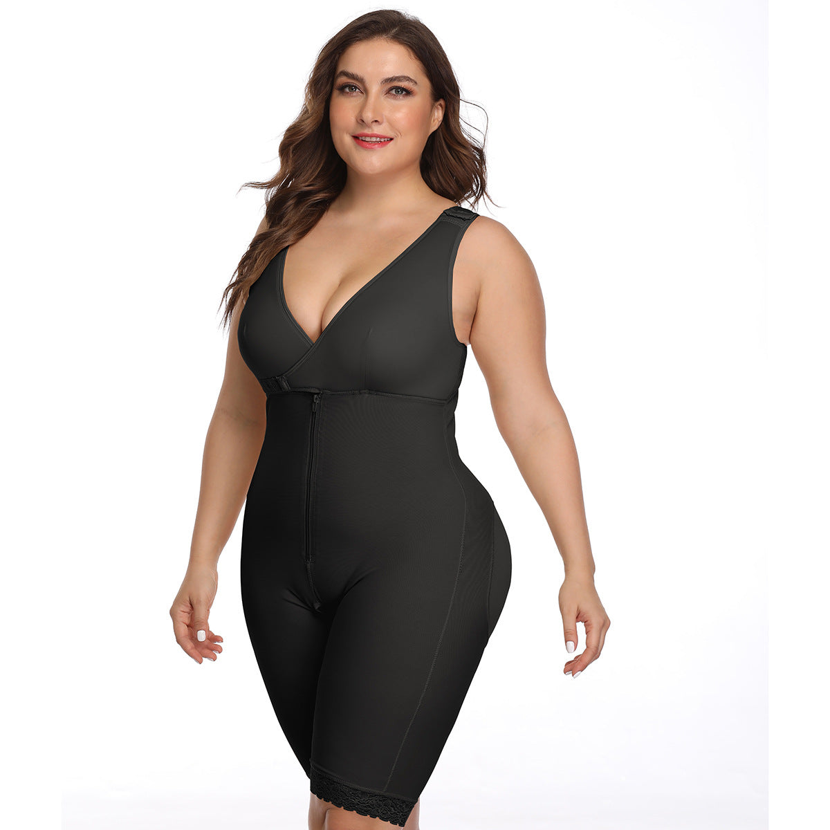 Full-body women’s shapewear bodysuit with front zipper closure, deep V-neckline, and mid-thigh smoothing coverage