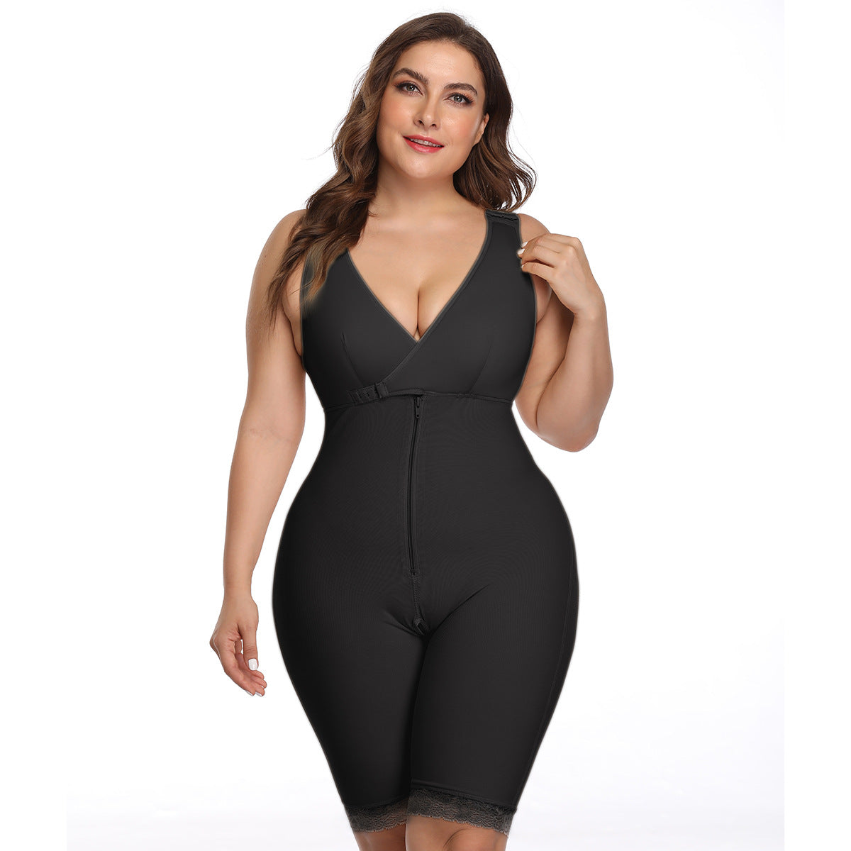 Full-body women’s shapewear bodysuit with front zipper closure, deep V-neckline, and mid-thigh smoothing coverage