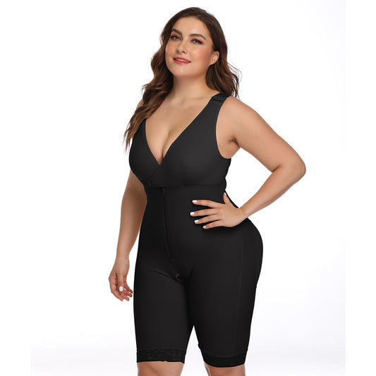 Full-body women’s shapewear bodysuit with front zipper closure, deep V-neckline, and mid-thigh smoothing coverage