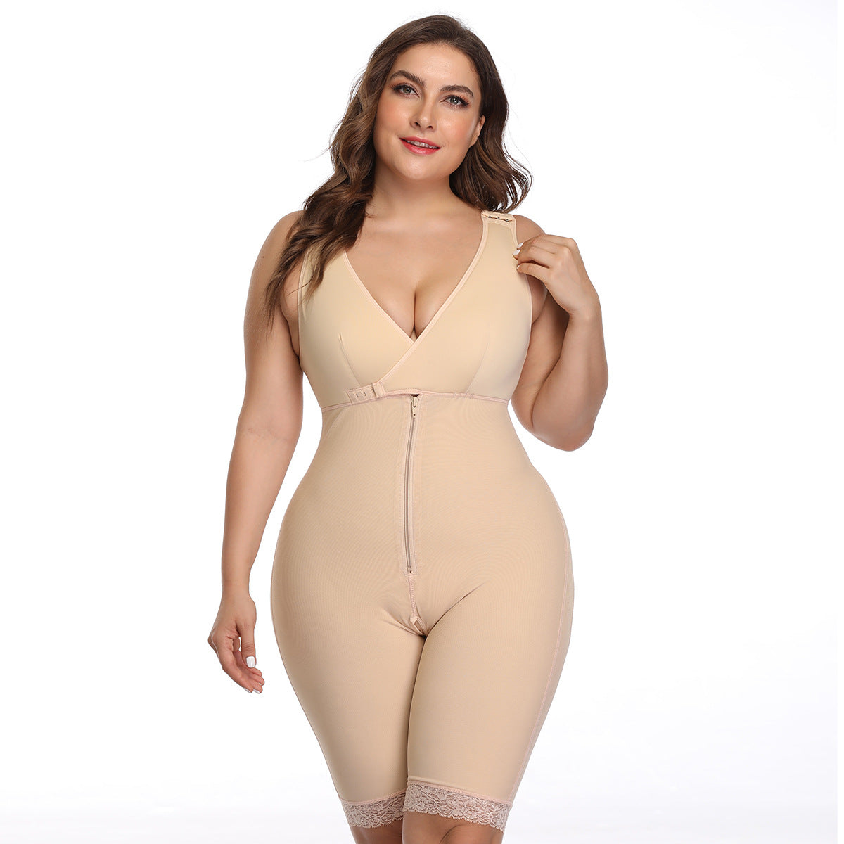 Full-body women’s shapewear bodysuit with front zipper closure, deep V-neckline, and mid-thigh smoothing coverage