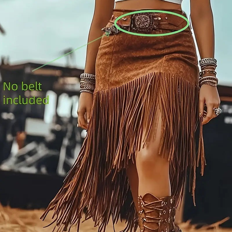 Women's Western Boho Fringe Skirt- Asymmetrical Hem