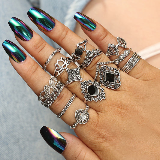 Boho Retro Geometric Lotus Sunflower Combination Ring Set