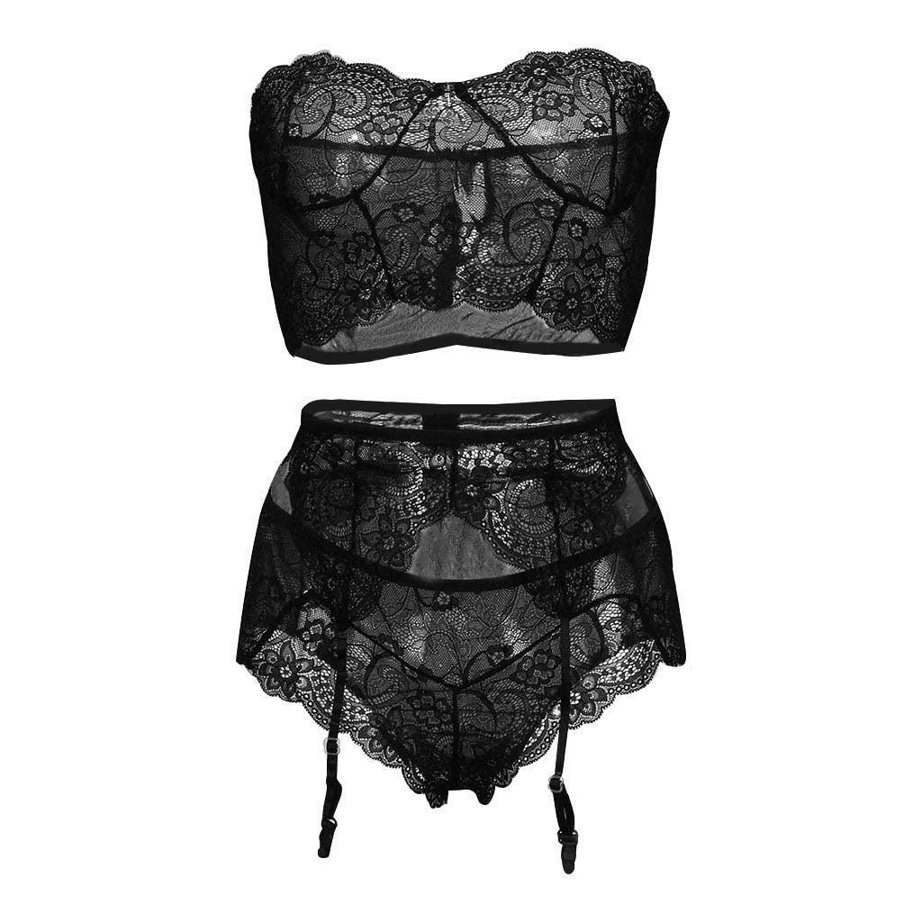 A feminine lace lingerie set featuring a bustier-style top, matching panty, and garter belt accents