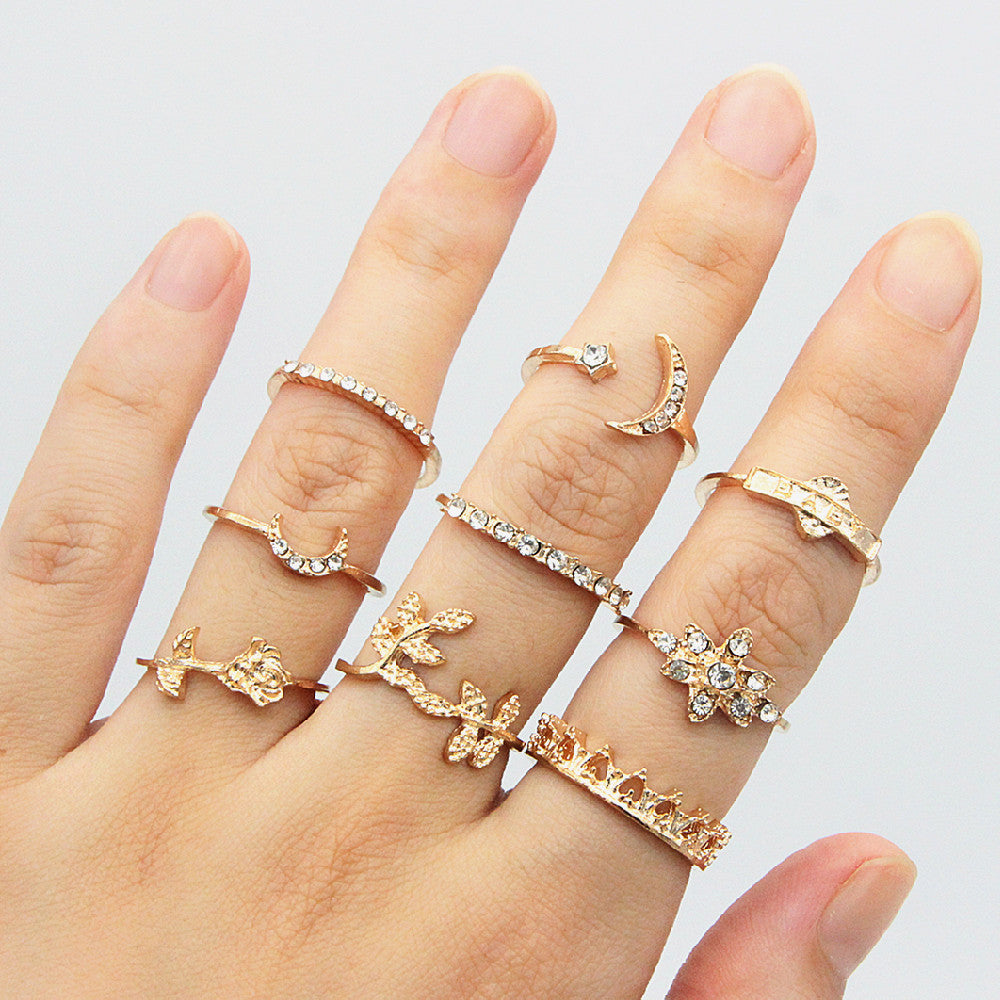 Boho Retro Geometric Lotus Sunflower Combination Ring Set
