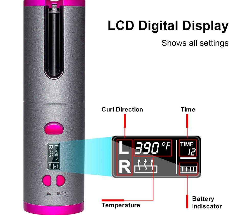 Cordless USB-rechargeable automatic curling iron with adjustable heat and timer settings for easy curls, waves, and touch-ups at home or on the go