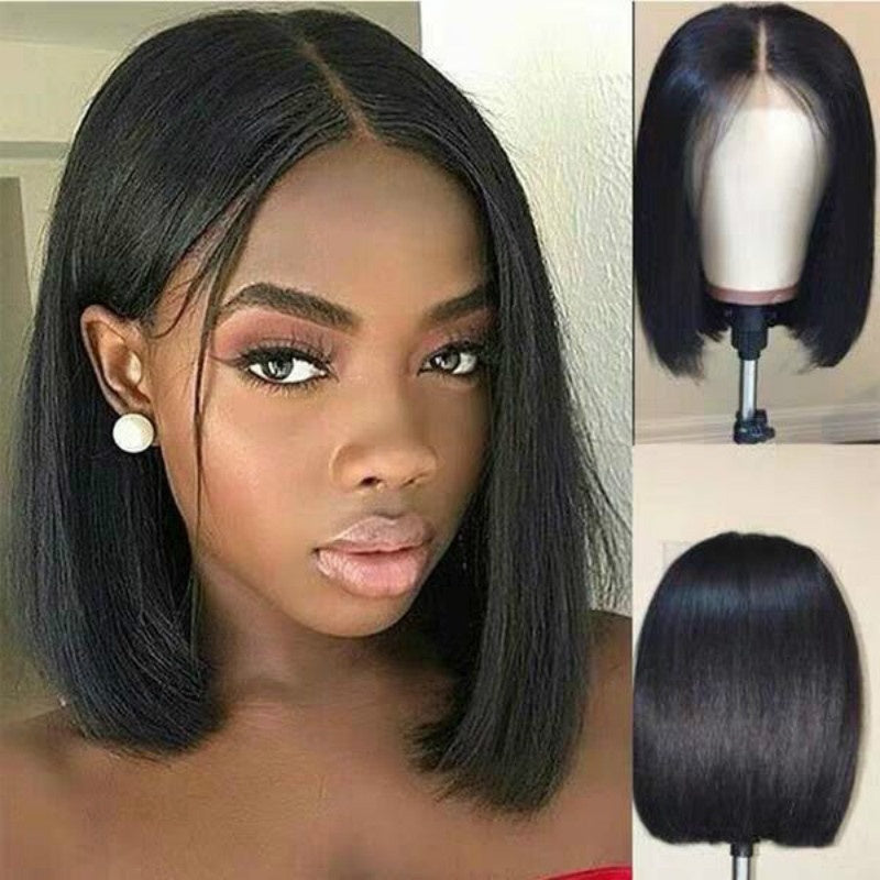 Sleek straight bob wig with a middle part, smooth finish, and classic shoulder-length cut
