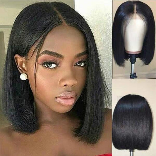 Sleek straight bob wig with a middle part, smooth finish, and classic shoulder-length cut