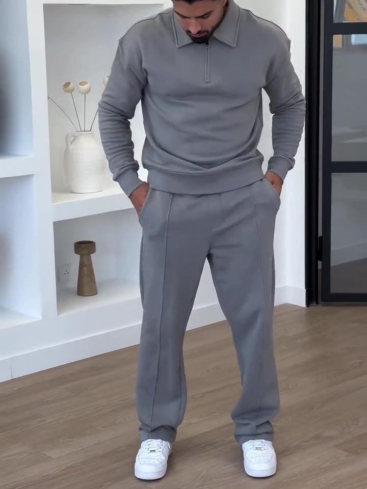Modern men’s two-piece lounge set featuring a quarter-zip pullover and matching pants