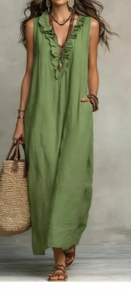Summer Ruffle Dress With Pockets-Elegant. Casual