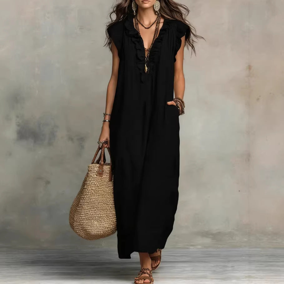 Summer Ruffle Dress With Pockets-Elegant. Casual