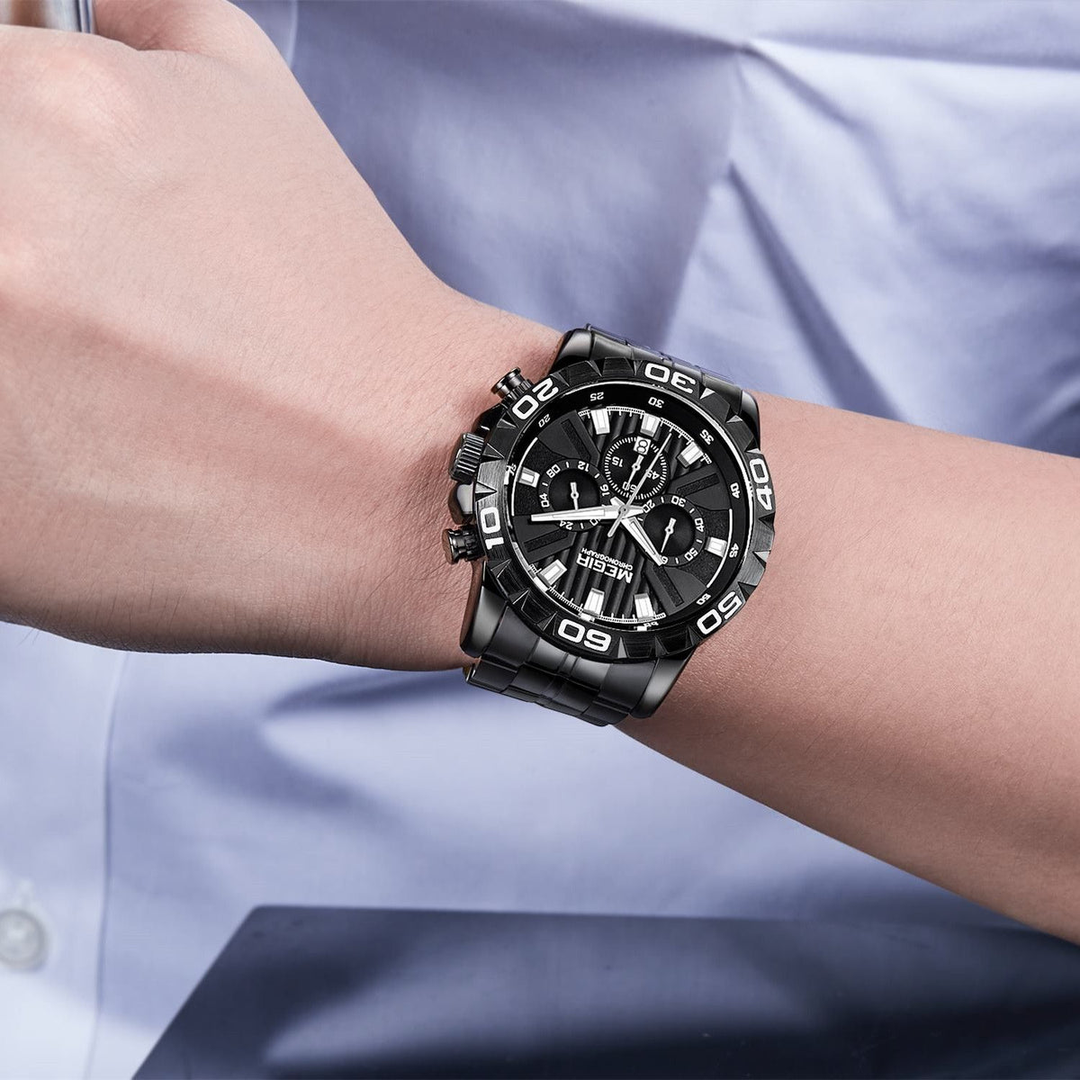 MEGIR Men’s Chronograph Watch — Silver-Tone & Black