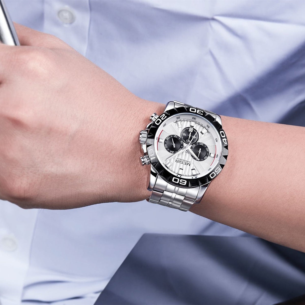 MEGIR Men’s Chronograph Watch — Silver-Tone & Black