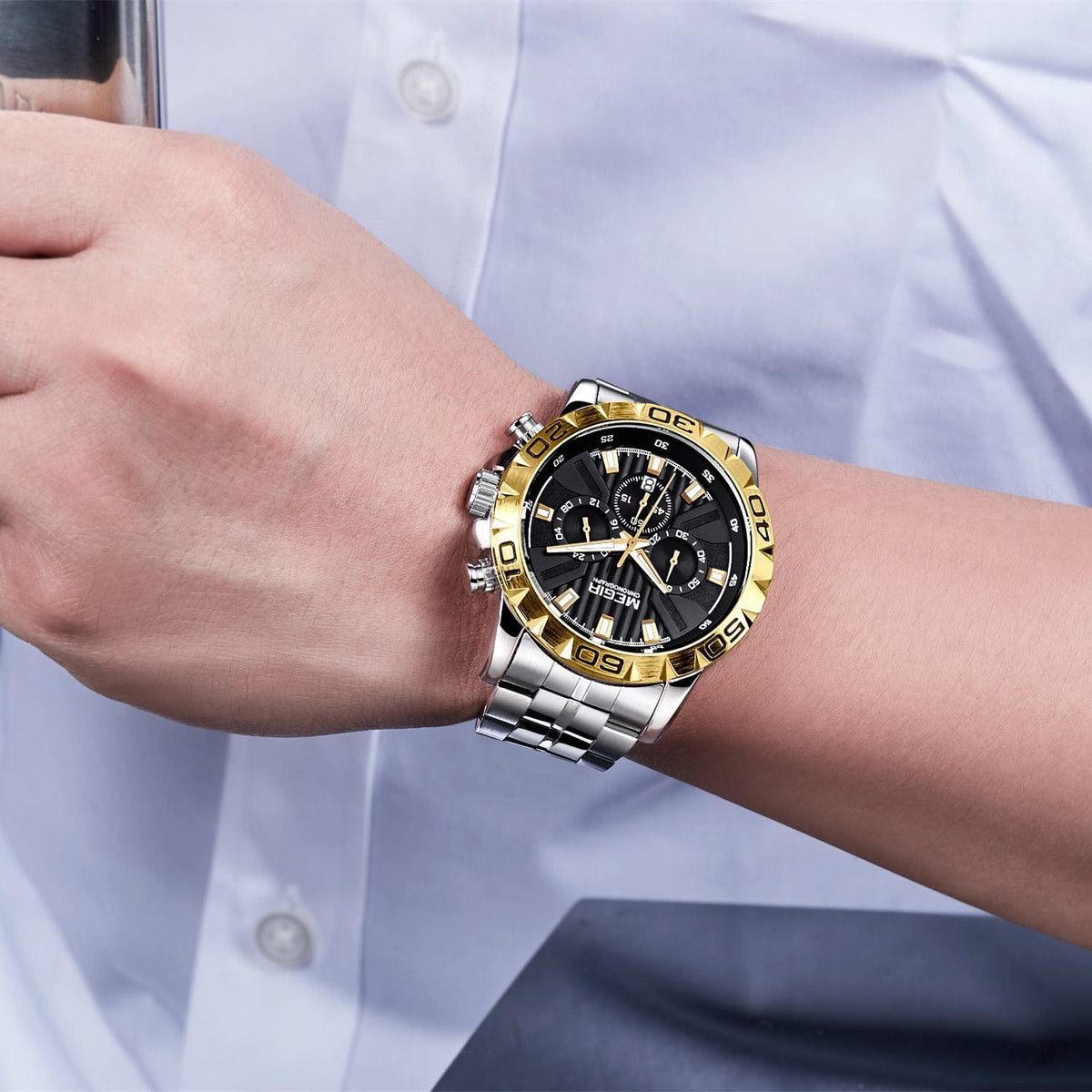 MEGIR Men’s Chronograph Watch — Silver-Tone & Black