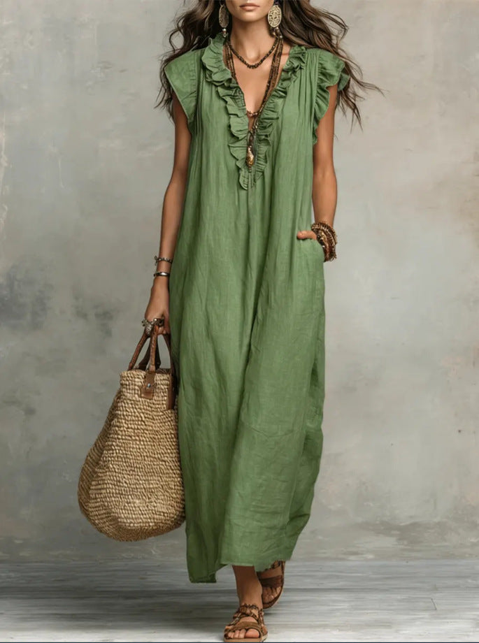 Summer Ruffle Dress With Pockets-Elegant. Casual