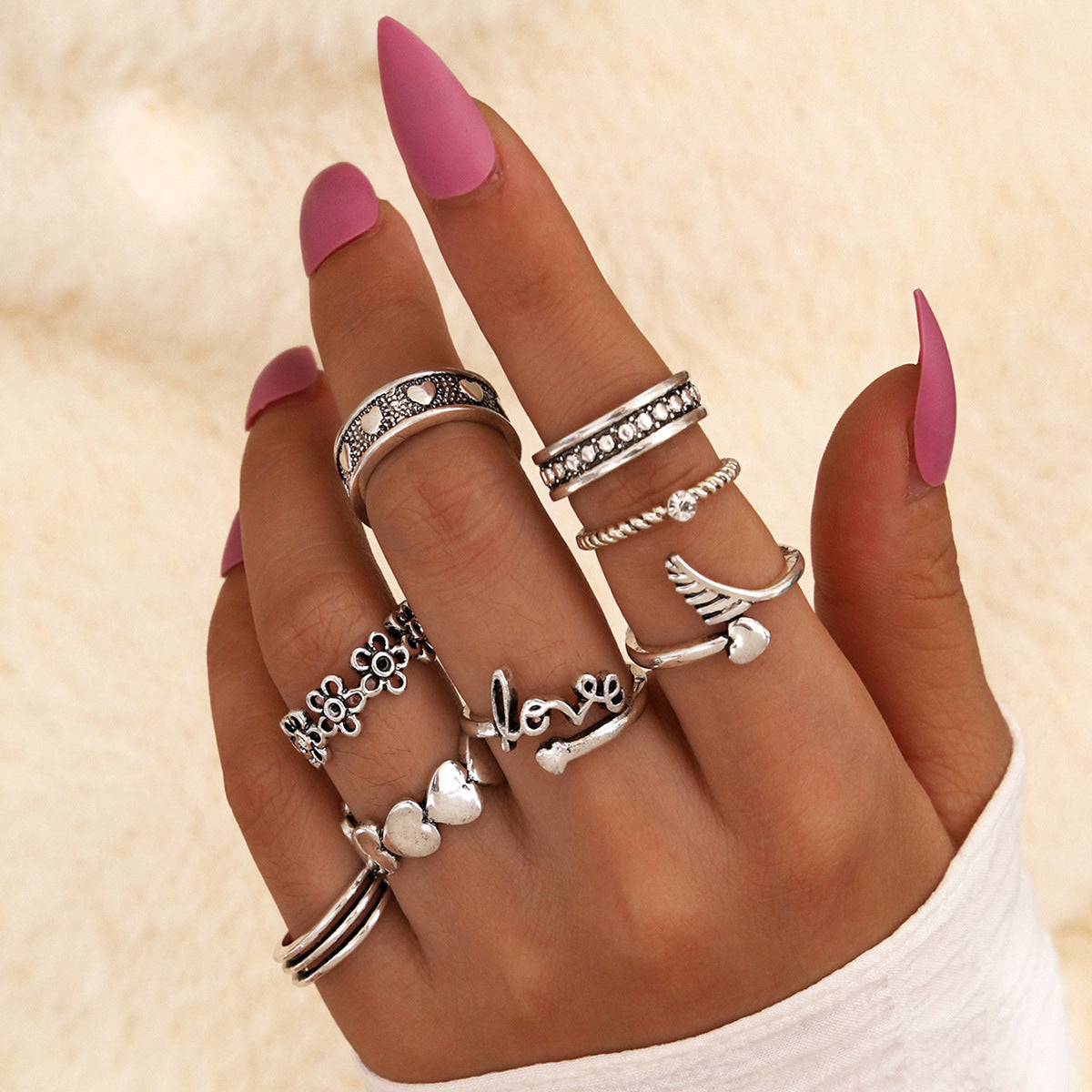 Boho Retro Geometric Lotus Sunflower Combination Ring Set