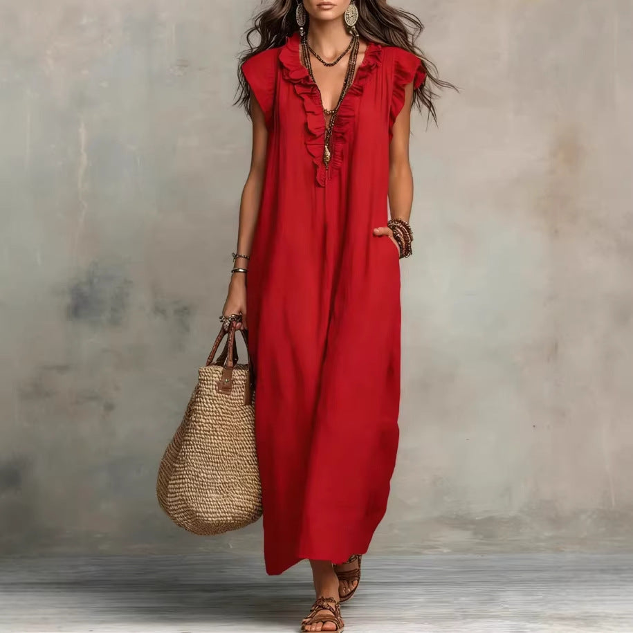 Summer Ruffle Dress With Pockets-Elegant. Casual