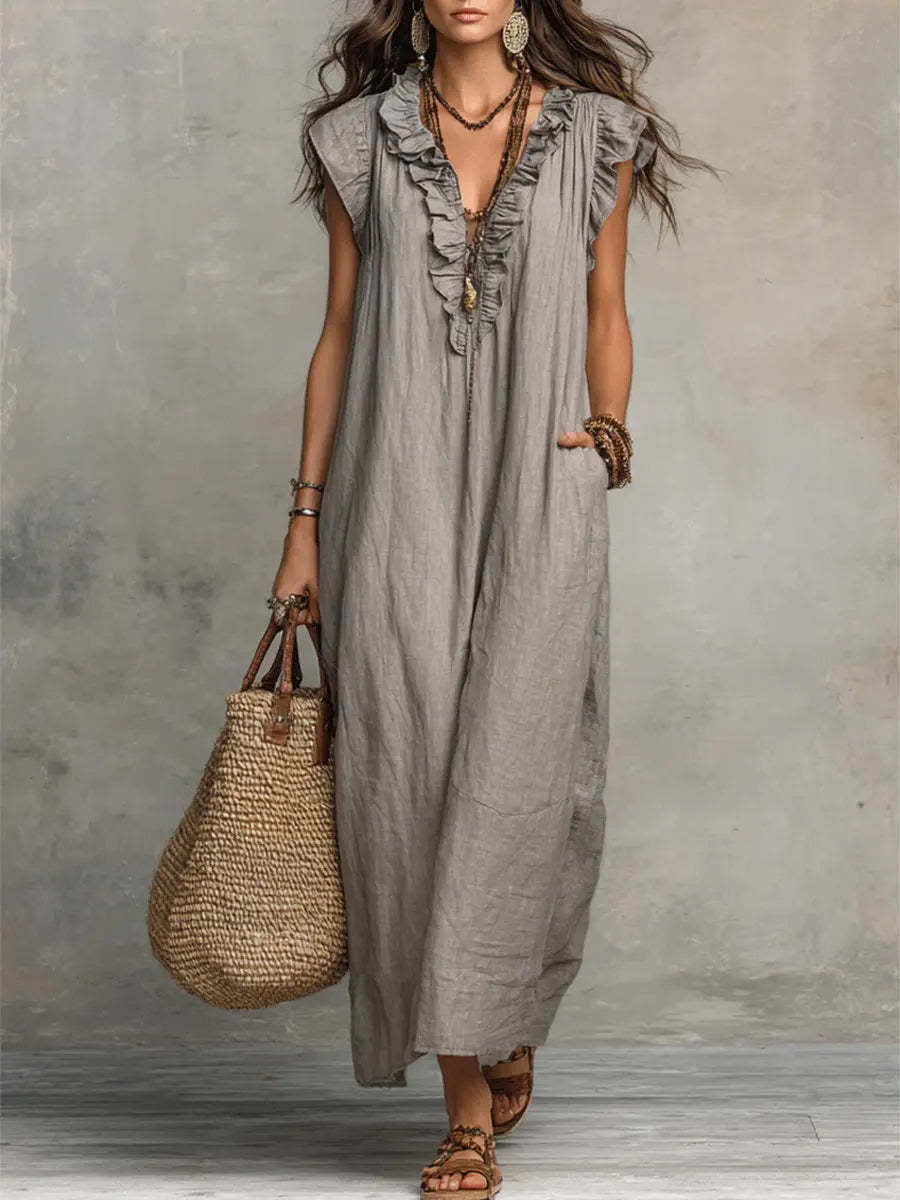 Summer Ruffle Dress With Pockets-Elegant. Casual