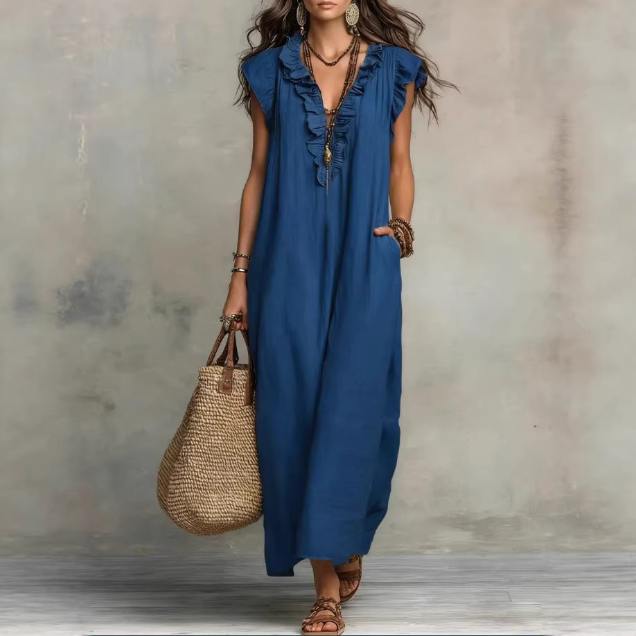 Summer Ruffle Dress With Pockets-Elegant. Casual