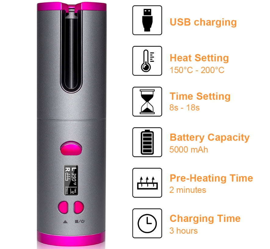 Cordless USB-rechargeable automatic curling iron with adjustable heat and timer settings for easy curls, waves, and touch-ups at home or on the go
