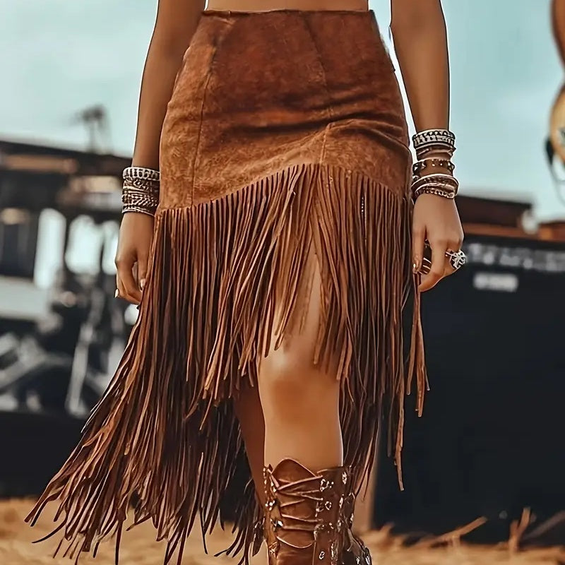 Women's Western Boho Fringe Skirt- Asymmetrical Hem