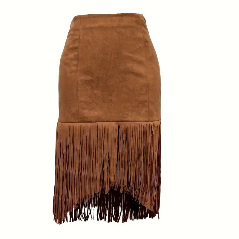 Women's Western Boho Fringe Skirt- Asymmetrical Hem