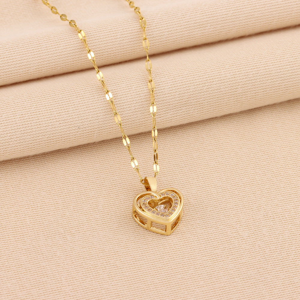 Double-layer Love Necklace With Rhinestones- Titanium Steel
