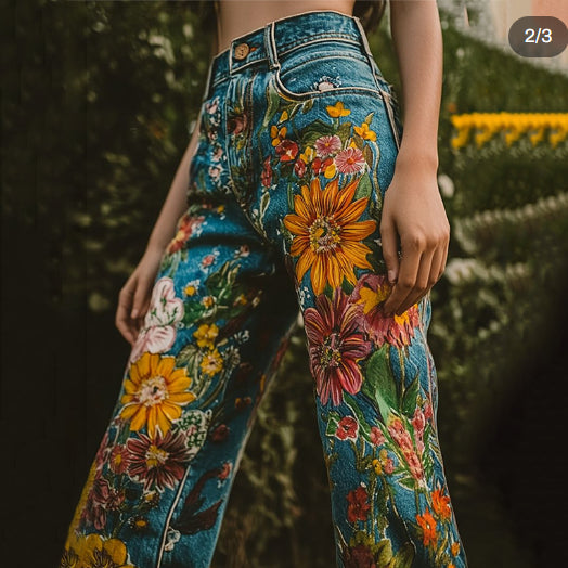 Vintage Boho Floral Art Button High Waist Wide Leg Jeans