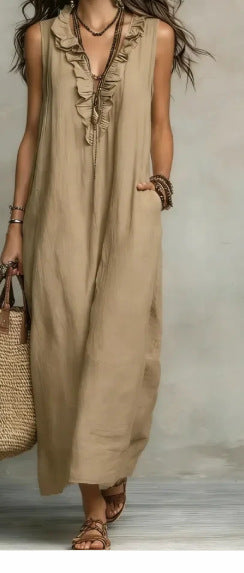 Summer Ruffle Dress With Pockets-Elegant. Casual