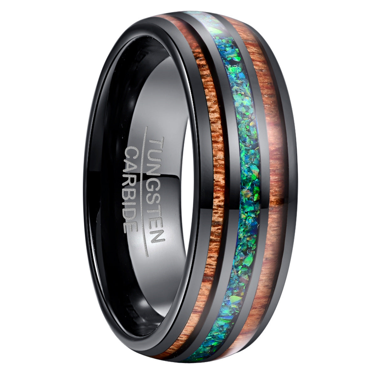 Black Tungsten Ring with Wood & Opal Inlay