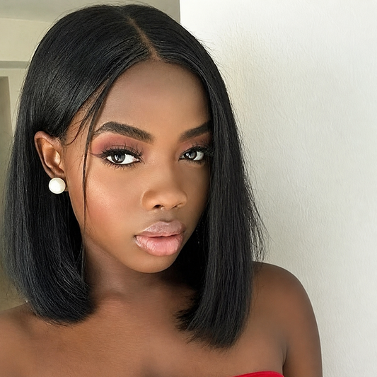 Sleek straight bob wig with a middle part, smooth finish, and classic shoulder-length cut