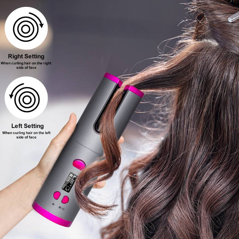 Cordless USB-rechargeable automatic curling iron with adjustable heat and timer settings for easy curls, waves, and touch-ups at home or on the go