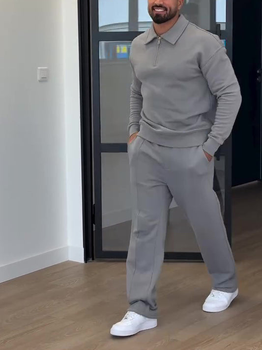 Modern men’s two-piece lounge set featuring a quarter-zip pullover and matching pants