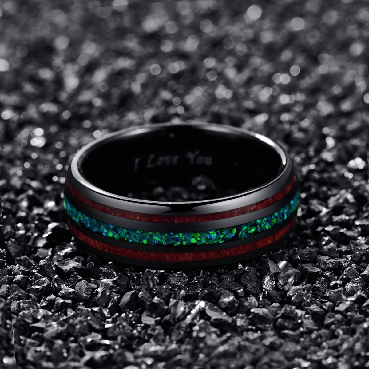 Black Tungsten Ring with Wood & Opal Inlay
