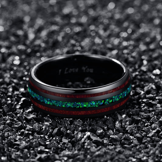 Black Tungsten Ring with Wood & Opal Inlay