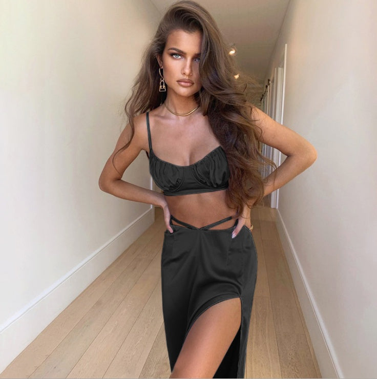 Womens Satin Cutout Two-Piece Skirt Set