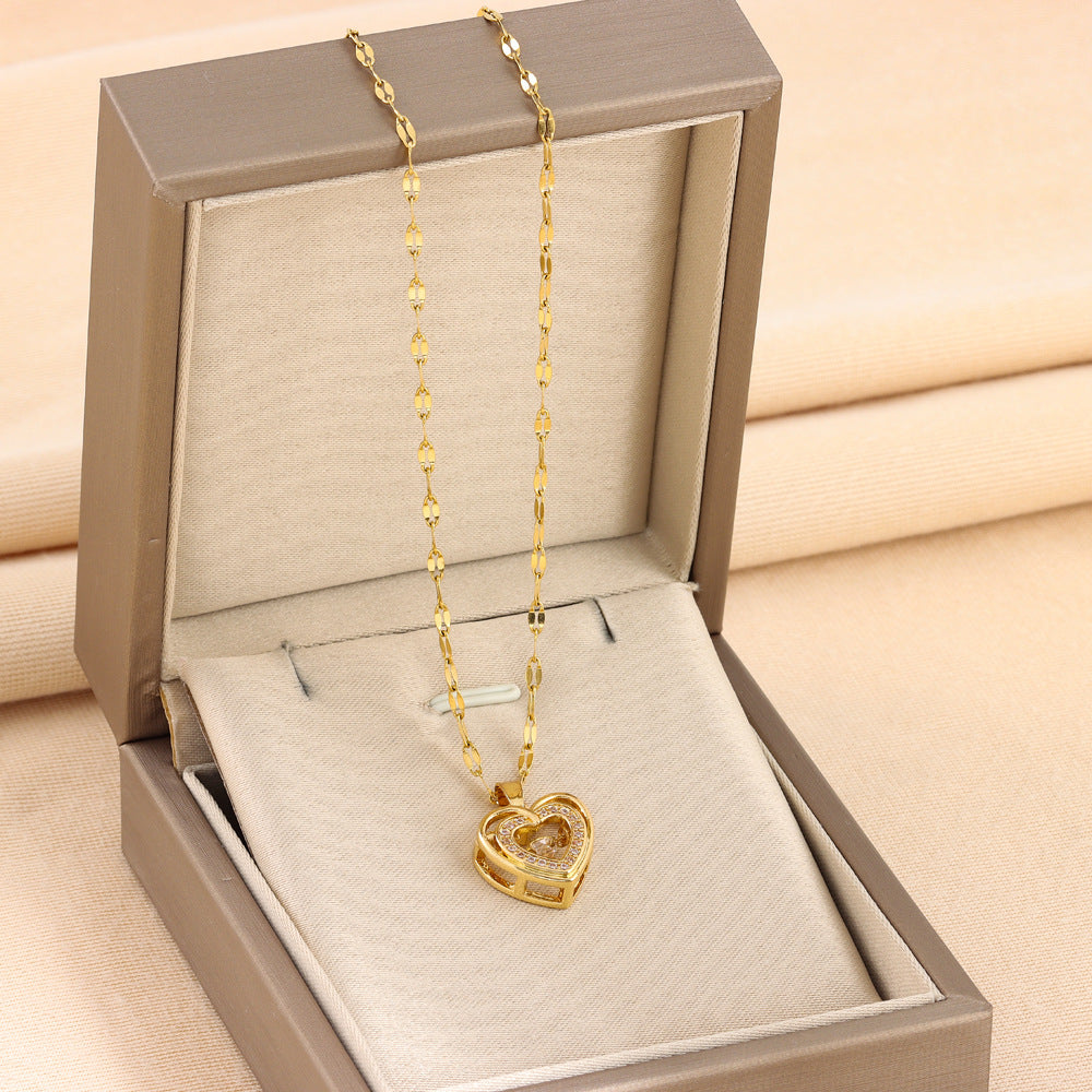 Double-layer Love Necklace With Rhinestones- Titanium Steel