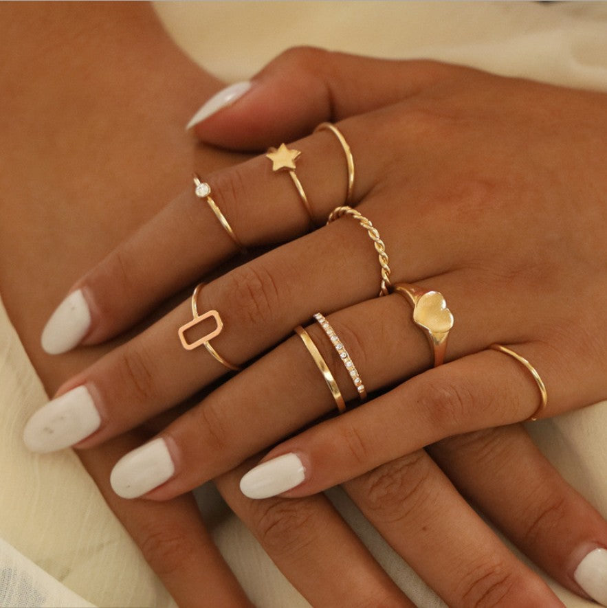 Boho Retro Geometric Lotus Sunflower Combination Ring Set