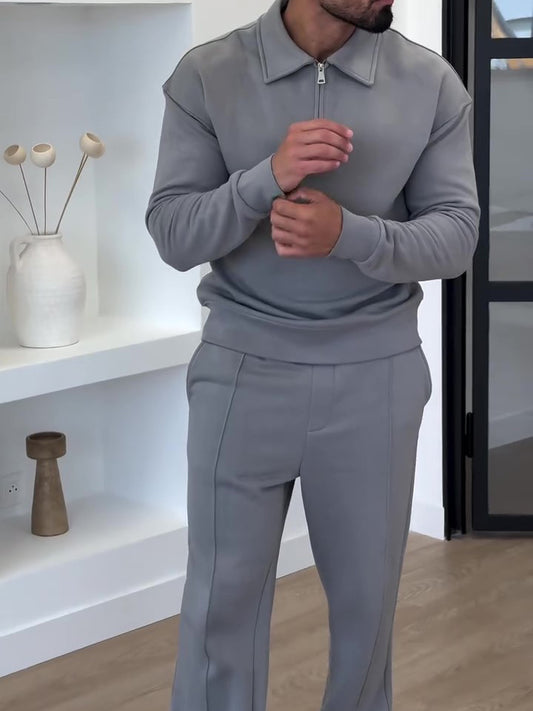 Modern men’s two-piece lounge set featuring a quarter-zip pullover and matching pants