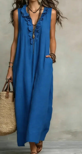 Summer Ruffle Dress With Pockets-Elegant. Casual
