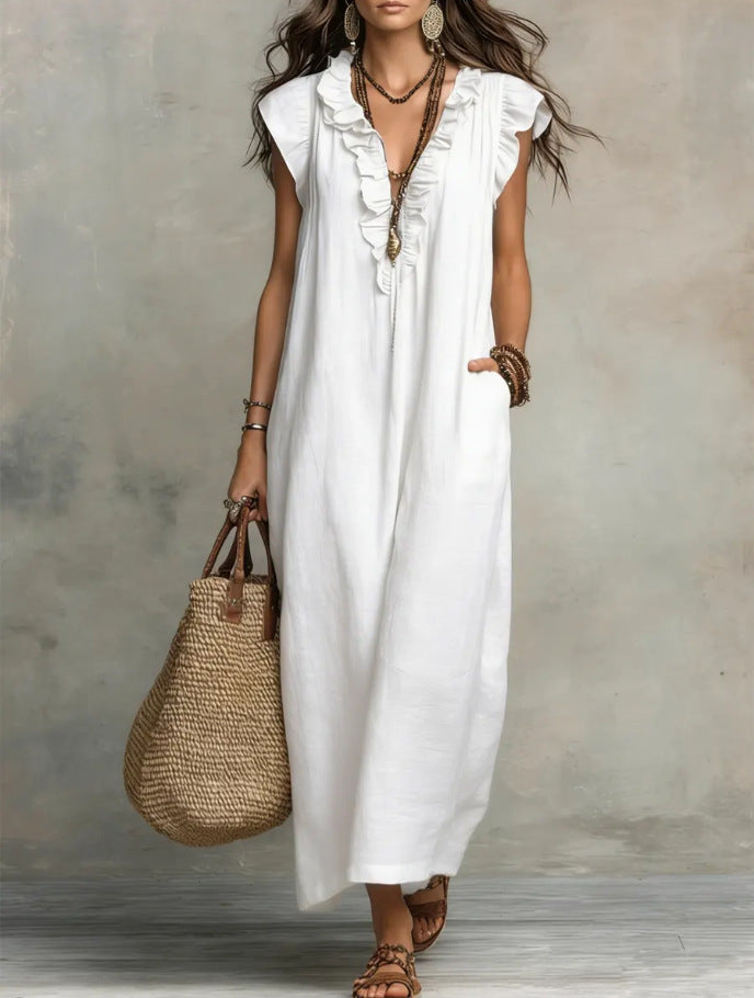 Summer Ruffle Dress With Pockets-Elegant. Casual
